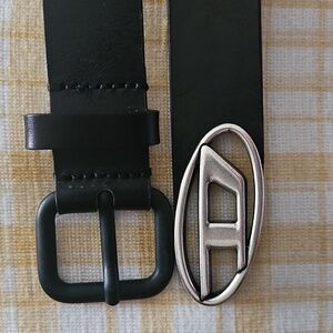 Diesel Black Leather Belt with Distinctive Silver Buckle